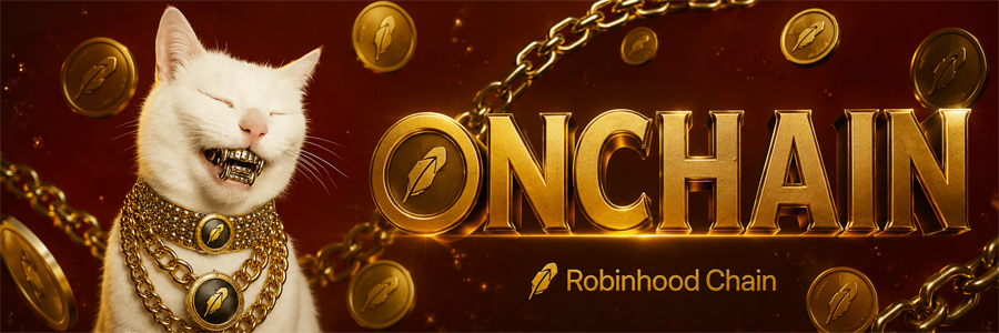onchain banner — onchain cat with gold chains on Robinhood Chain